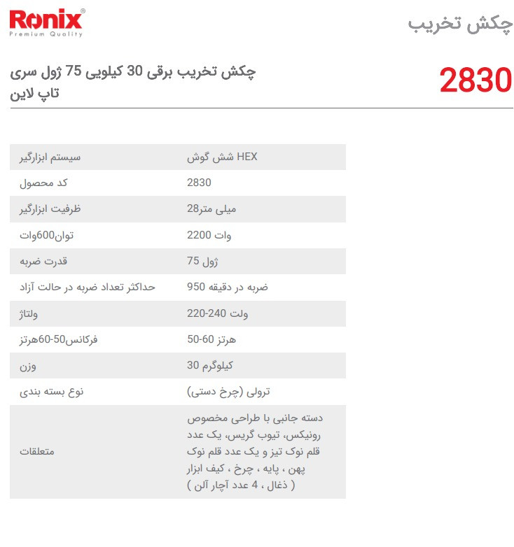 چکش تخریب برقی 30 کیلویی 75 ژول سری تاپ لاین مدل ۲۸۳۰